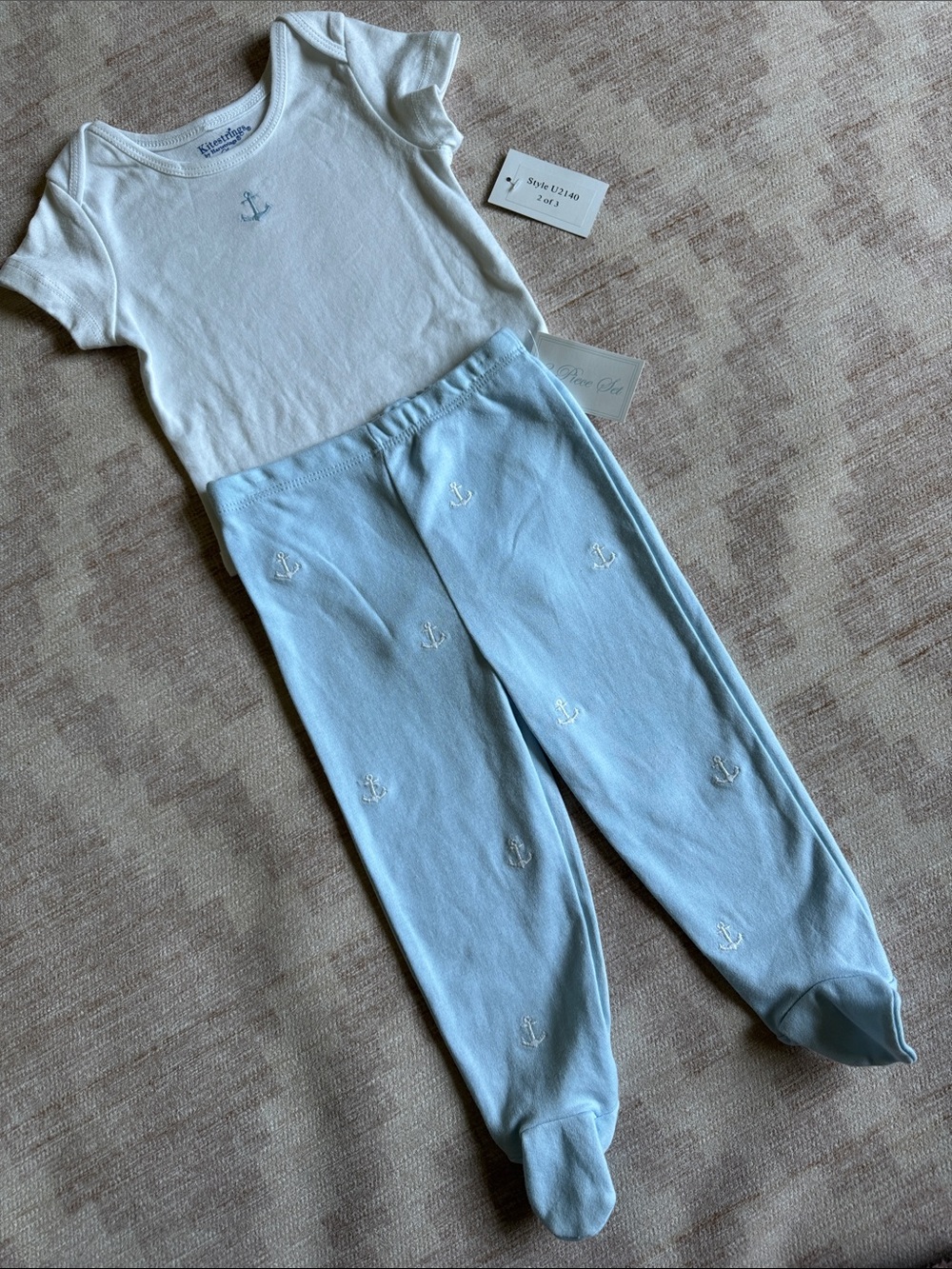 Kitestrings Layette White Baby Bodysuit and Light Blue Footie Set Anchor Design